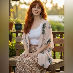 I Joah Pink Pineapple Open Front Loose Flowy Kimono Cardigan Size OS